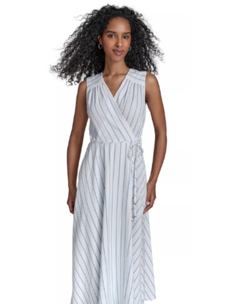 Calvin Klein Ck White Pinstripe V Neck Wrap Dress Formal Event Size 2p, 6p